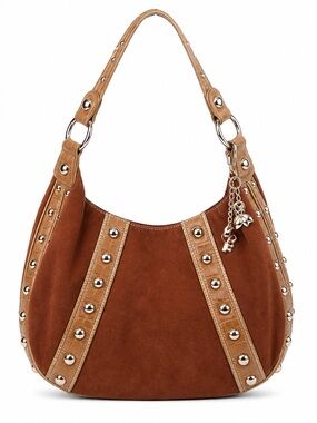 Genna De Rossi Vintage Brown Suede Hobo Bag Stud Reptile Embossed Shoulder Bag